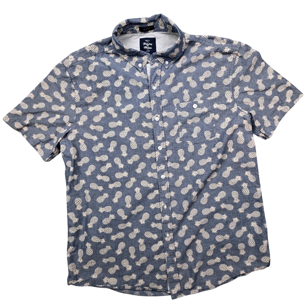 Pineapple Print Button Down Shirt Blue Mens XL Slim Fit Artistry in Motion